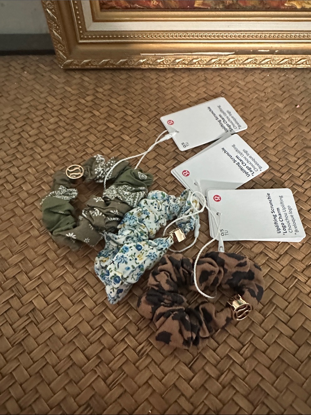 Lululemon Olive Paisley, Blue Floral & Brown Leopard Scrunchie Trio